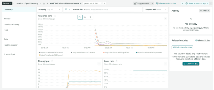 "A screenshot showing OpenTelemetry data in the New Relic UI"