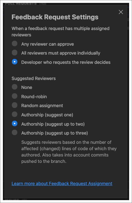 A screenshot showing the feedback request settings