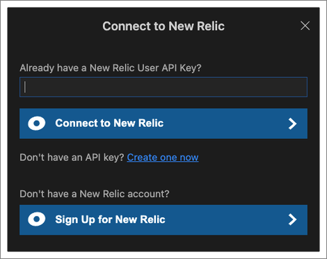 A screenshot of connecting CodeStream to New Relic with your New Relic user key