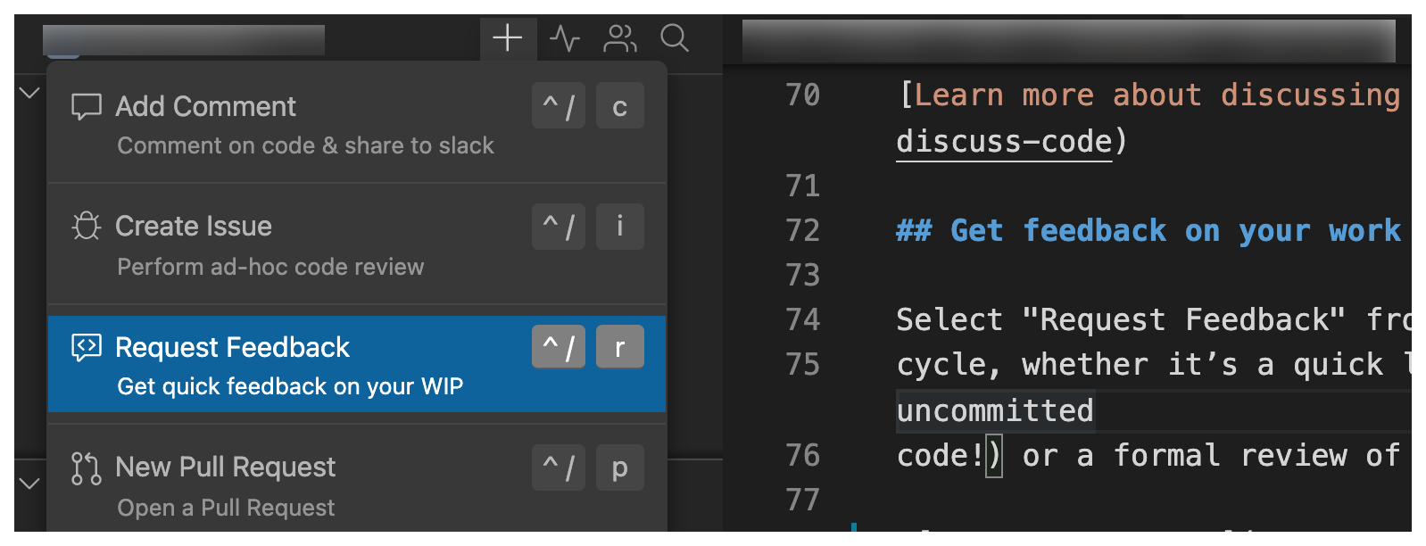 A screenshot of the Request Feedback highlighted in the + Create menu.