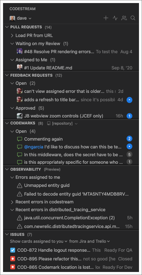 A screenshot of the CodeStream sidebar sections