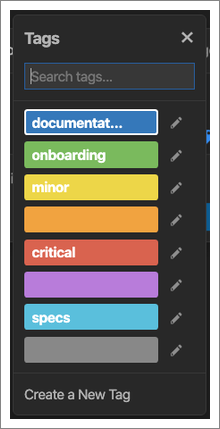 A screenshot showing the tags menu