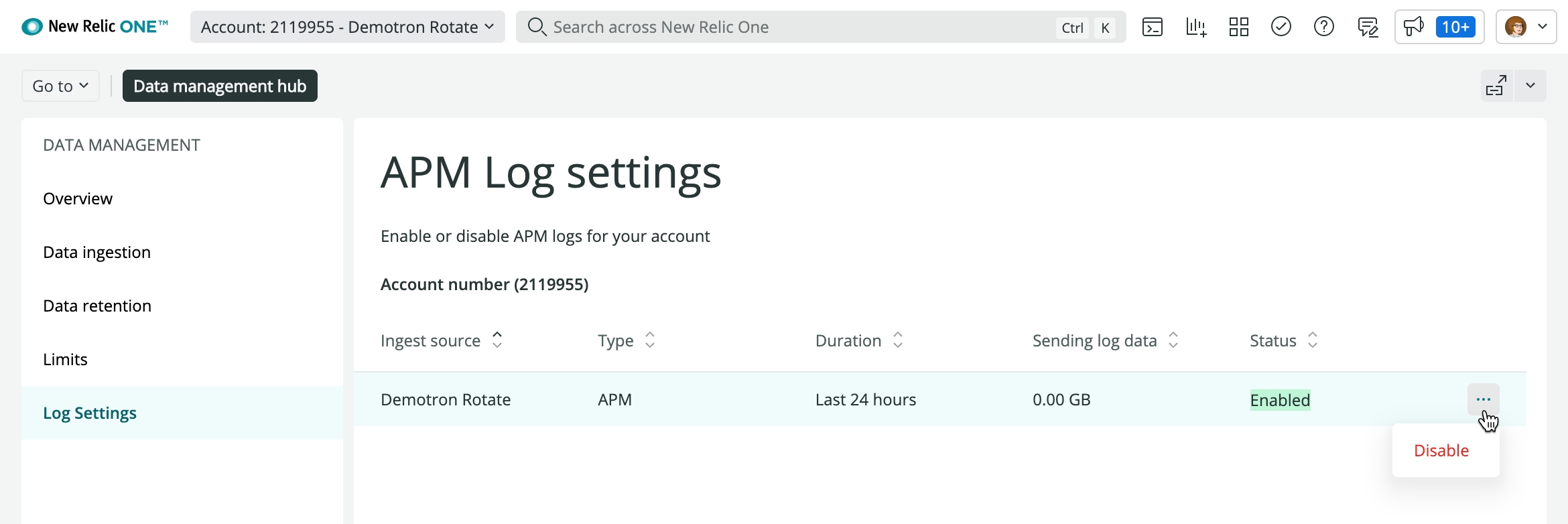 Screenshot of log settings in data management hub UI
