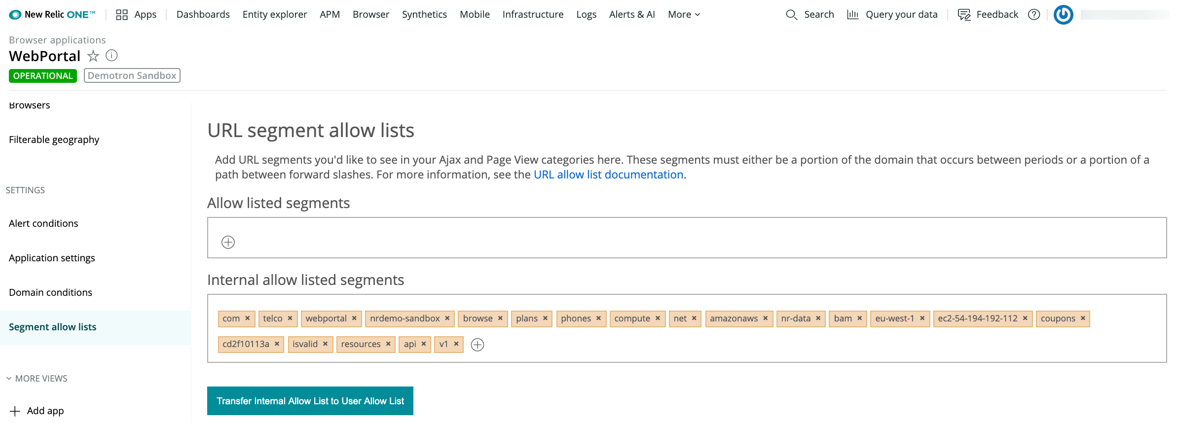 A screenshot of the browser monitoring allow list UI