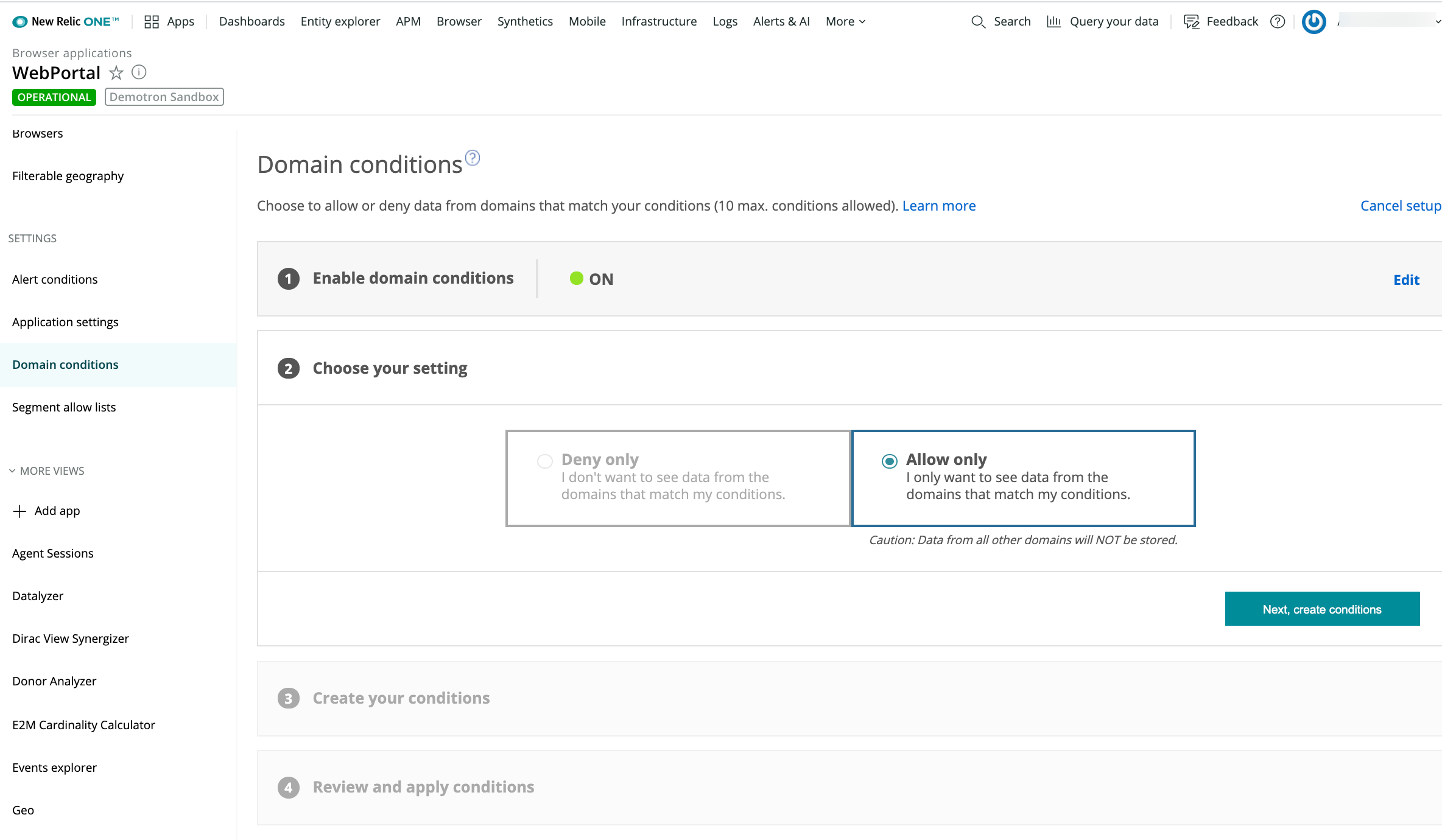 A screenshot of the browser monitoring domain conditions UI