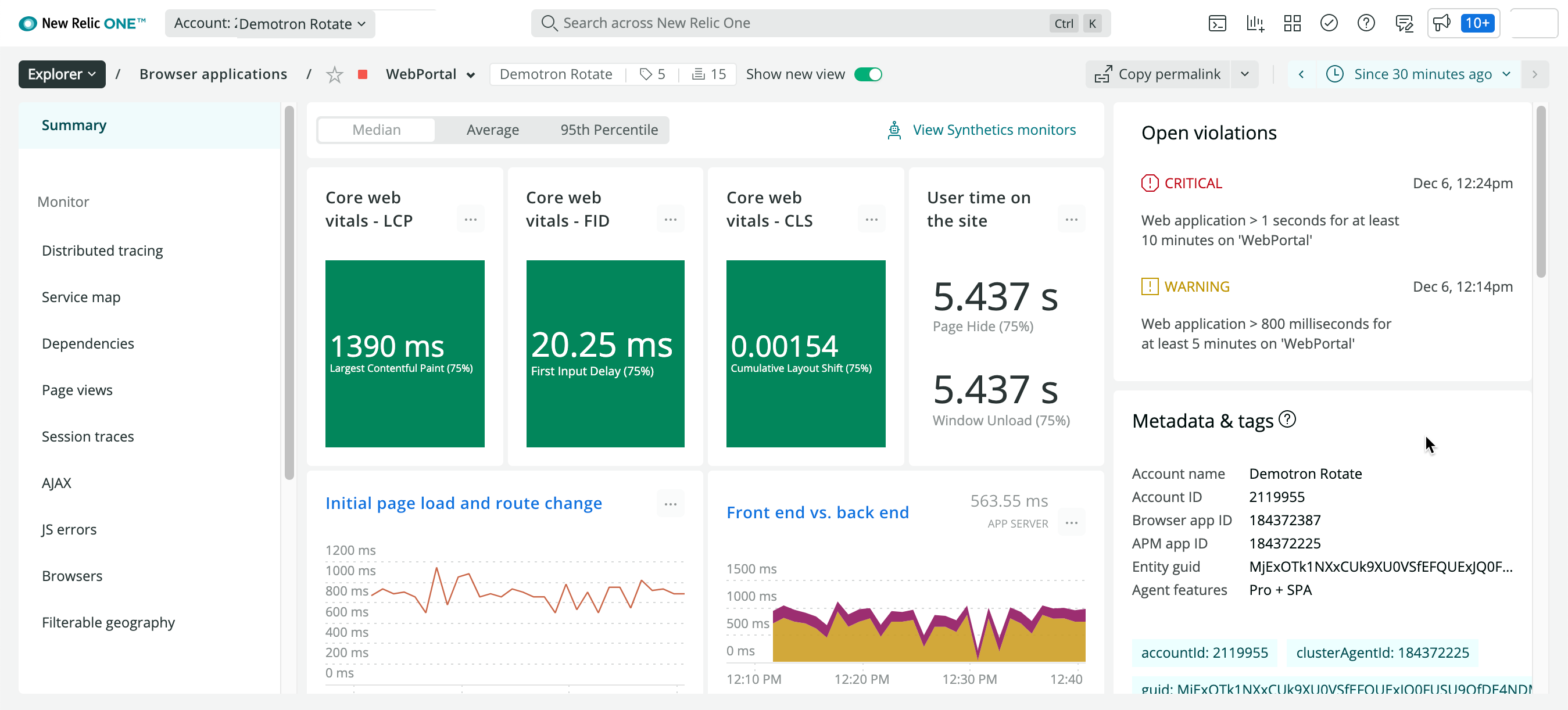 Screenshot of the New Relic browser monitoring Summary page