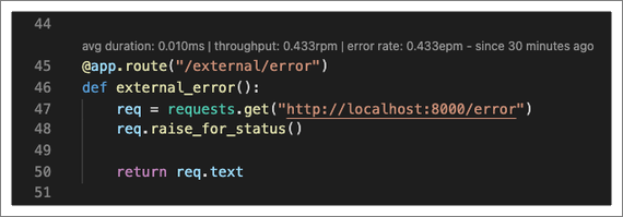 A screenshot of a Python method with response time, throughput, and error rate metrics.