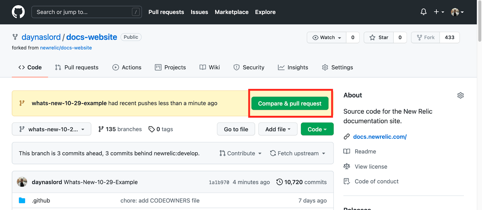 Screenshot showing the pull request button