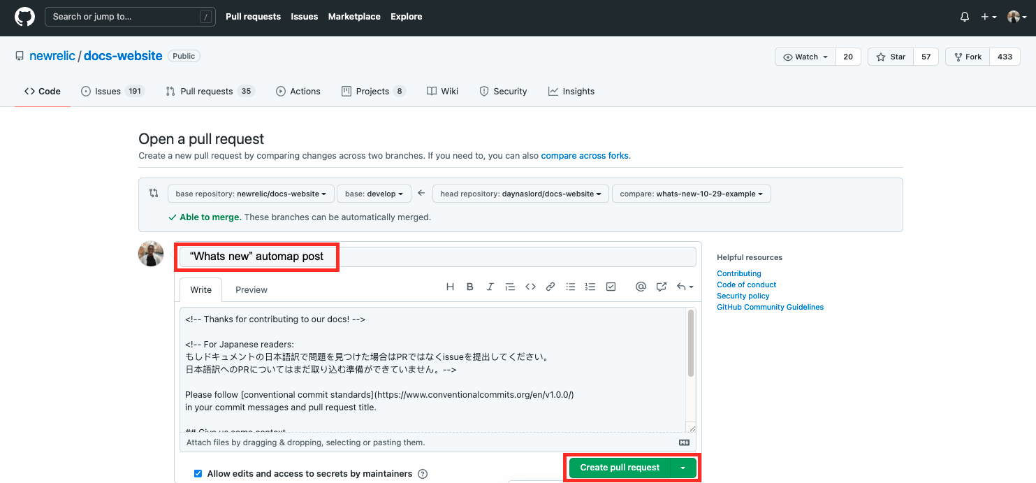 Screenshot showing the button to create the pull request