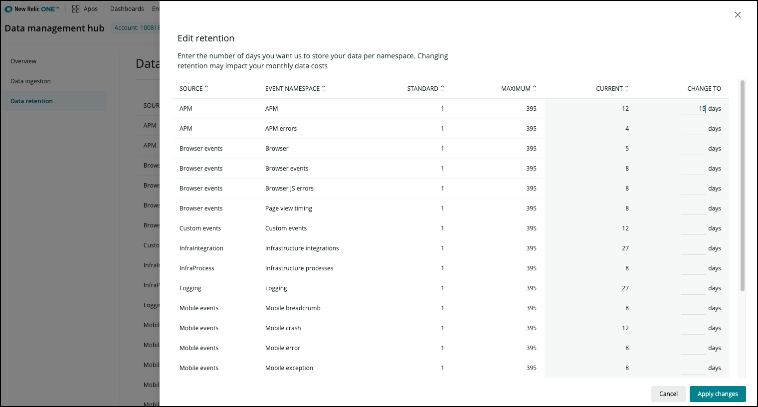 screenshot of data retention page