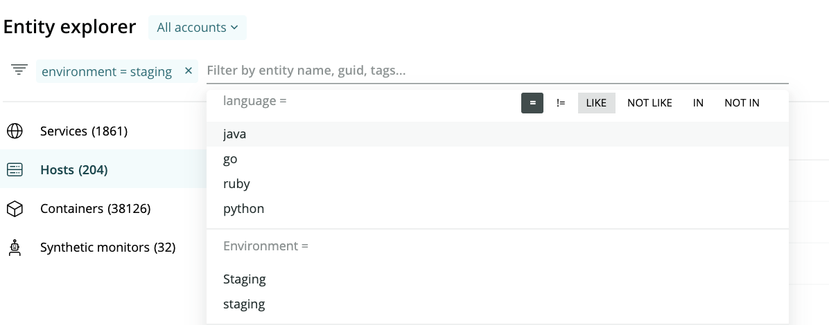 New Relic advanced tag filter query