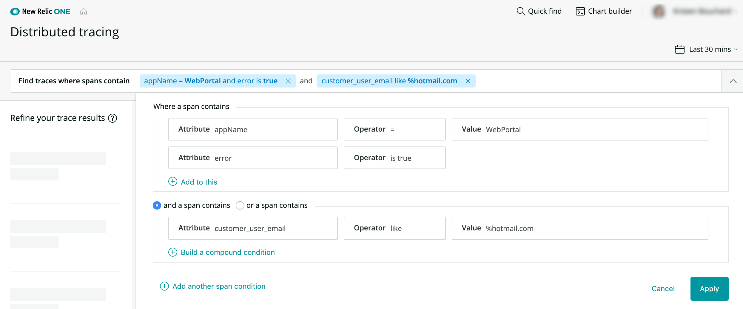 New Relic One distributed tracing - query example 2