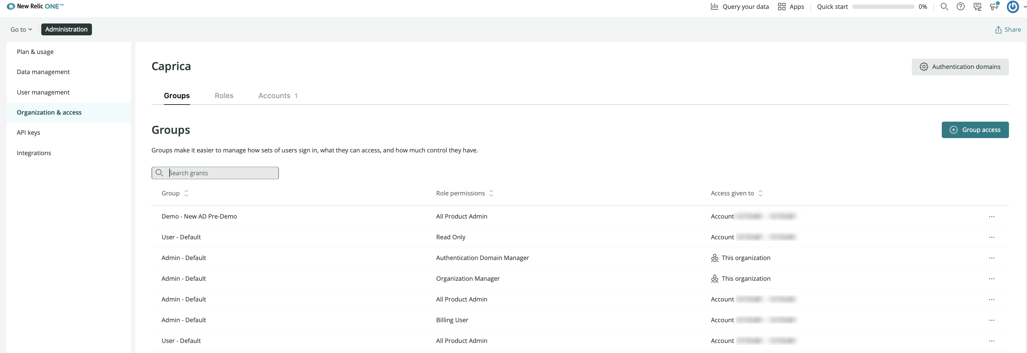 New Relic One organization and access UI