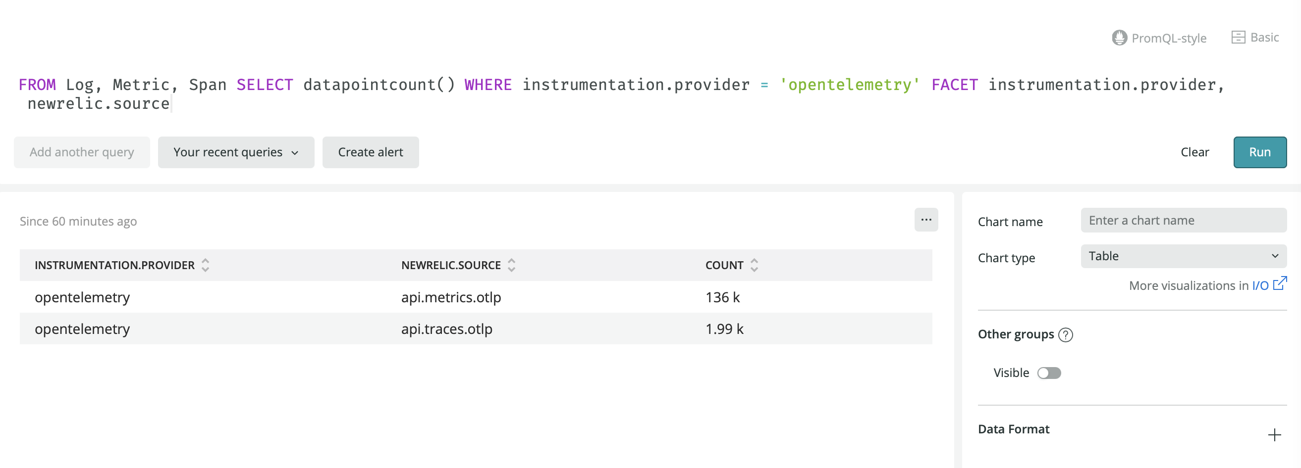 Screenshot showing the data point count for logs, metrics, and traces faceted by instrumentation.provider and newrelic.source