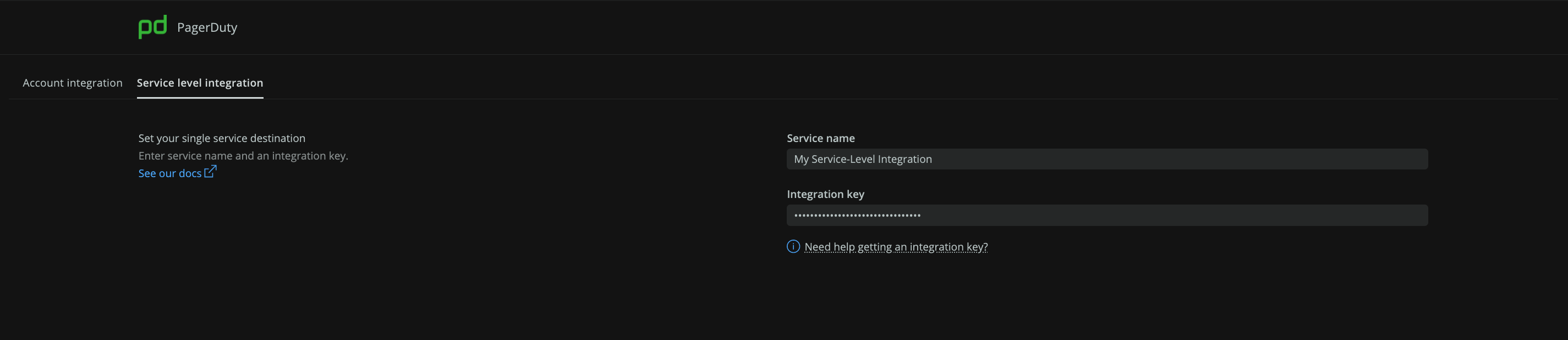 A screenshot of a PagerDuty service-level destination configuration.