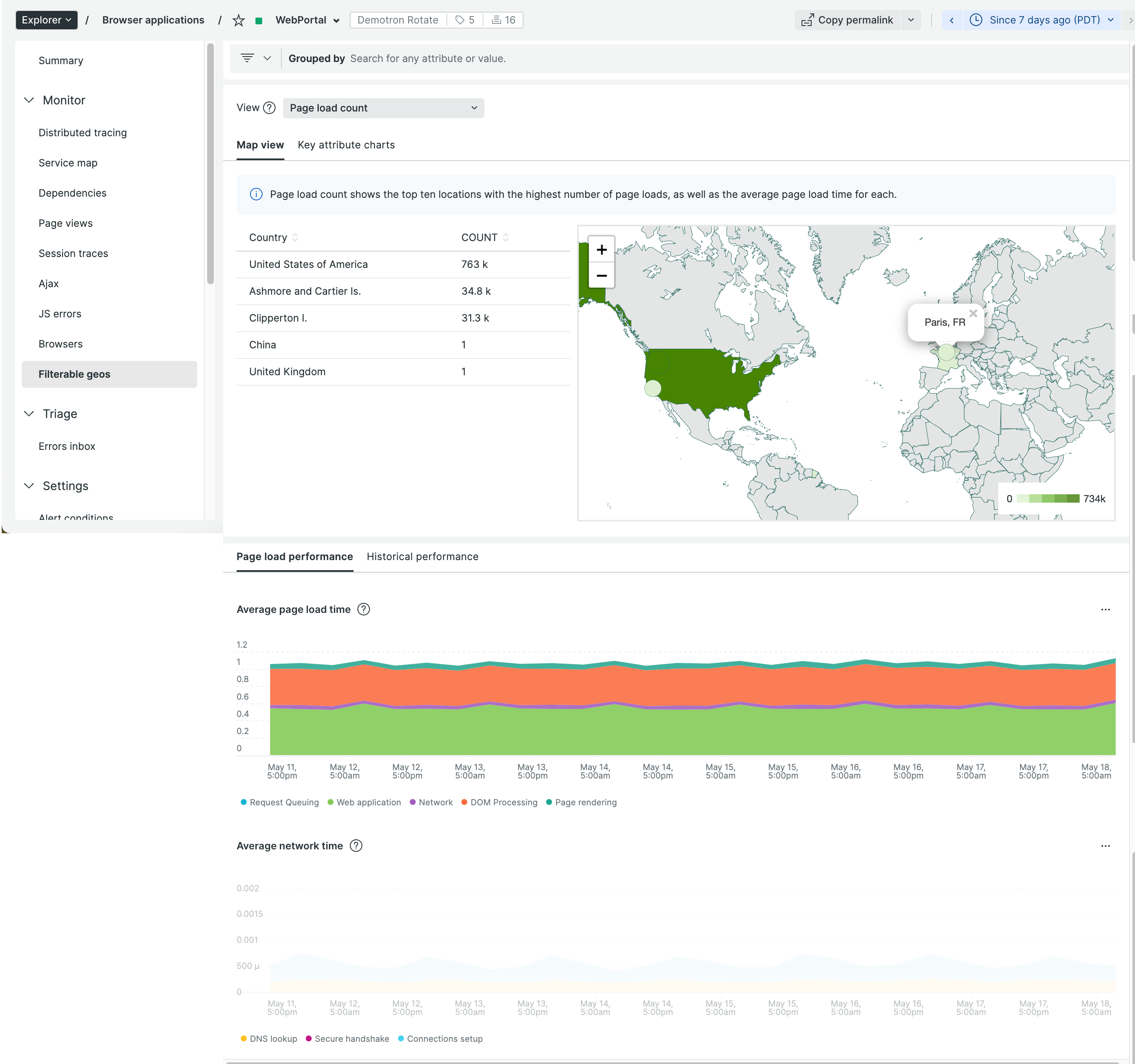 Screenshot of Filterable geography UI in New Relic