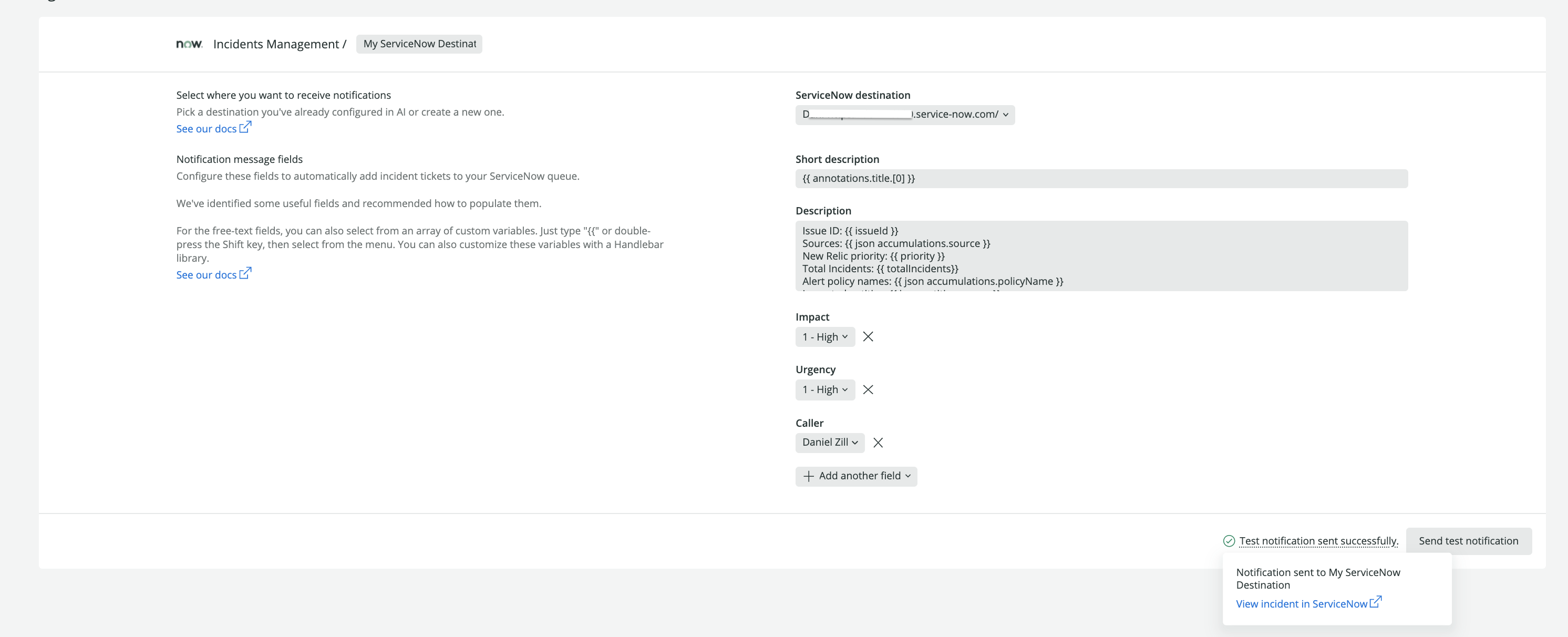 A screenshot of some recommended ServiceNow-incident fields and values.