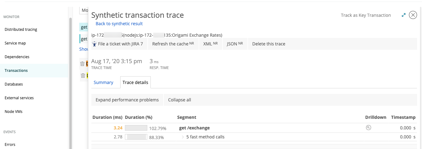 Screenshot showing the transaction trace details screen.