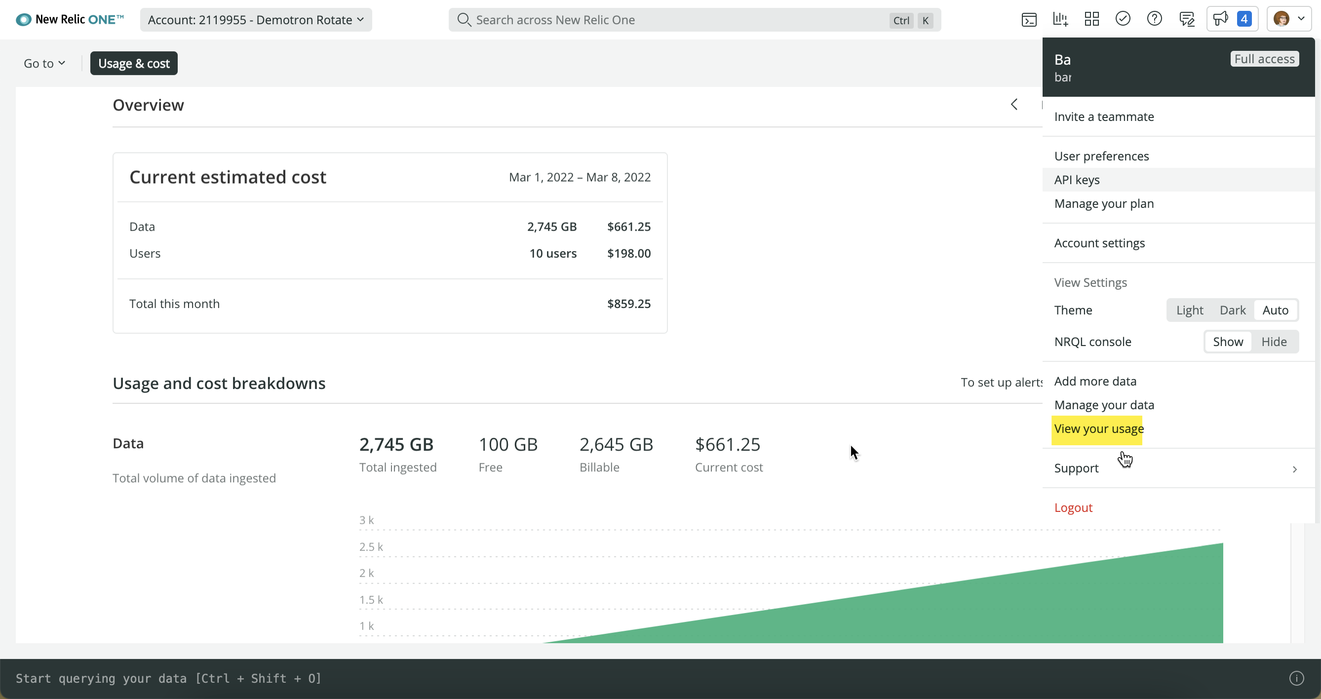 Screenshot of View data and usage page in UI